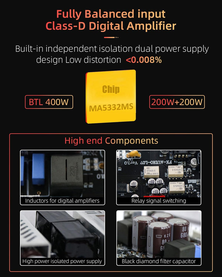 FX-Audio- L07 Stereo Audio Verstärker 200W x2 MA5332MS 2 Kanal Class D Power Amp Bridgeable BTL 400W