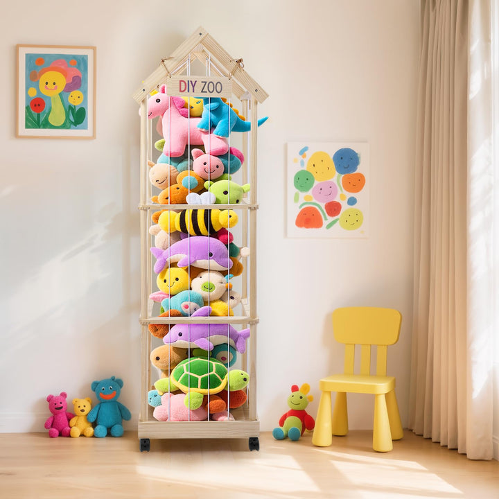 Kuscheltier Aufbewahrung 146x47x35CM, MINENICE Plüschtier Aufbewahrung aus Massivholz mit 360° Fests