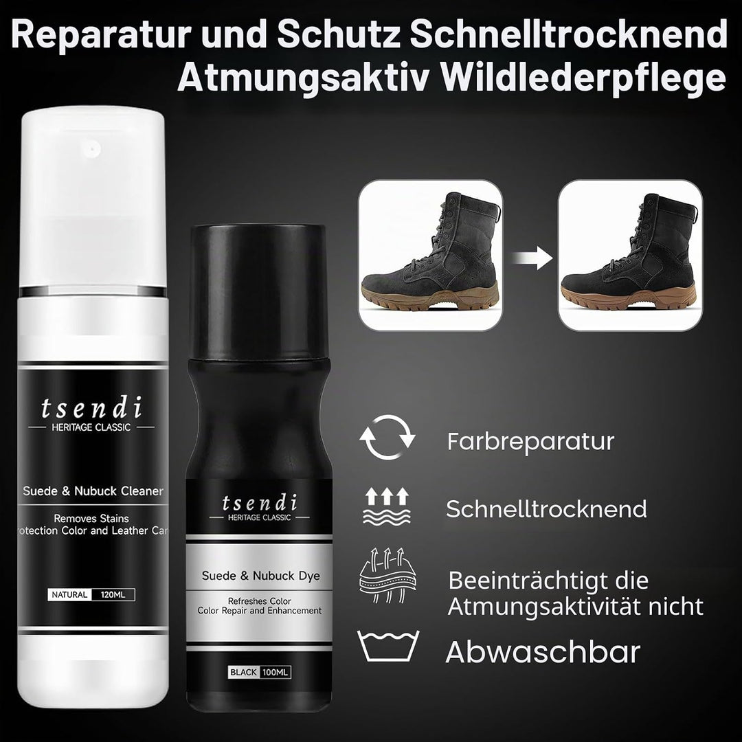 Nubuk- und Wildlederfarbe Schwarz, 3 Wildlederbürsten, Farbauffrischer für schwarzes Wildleder, Schu