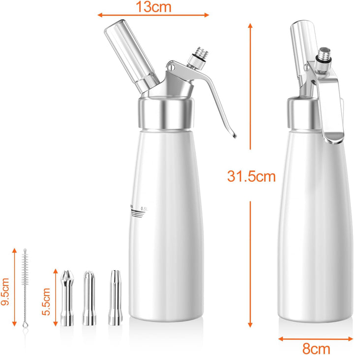 Newaner 500ml sahnespender, Sahnesyphon Aluminium mit 3 Edelstahl Deko-Düsen und 1 Reinigungbürste,