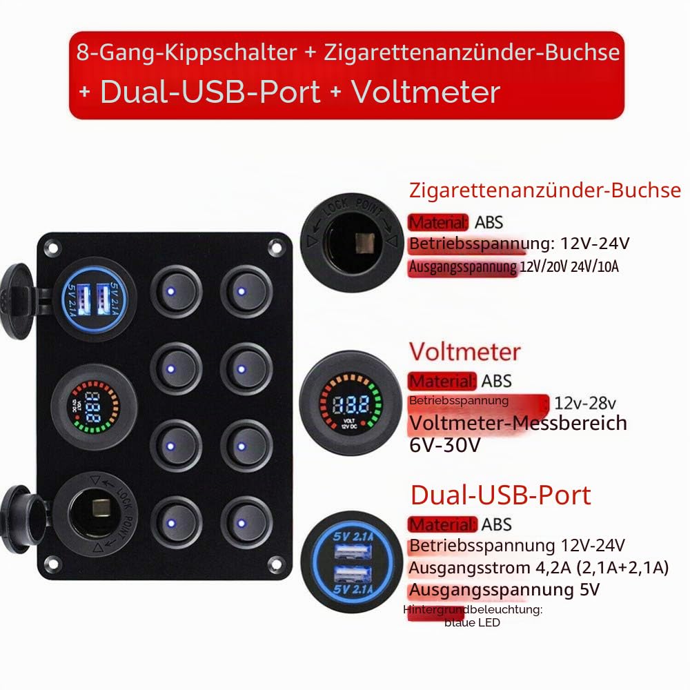 KAOLALI 12V/24V Schalter Panel, Dual-USB-Ladegerät LED Voltmeter Zigarettenanzünder 8 Kippschalter E