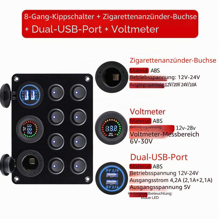 KAOLALI 12V/24V Schalter Panel, Dual-USB-Ladegerät LED Voltmeter Zigarettenanzünder 8 Kippschalter E