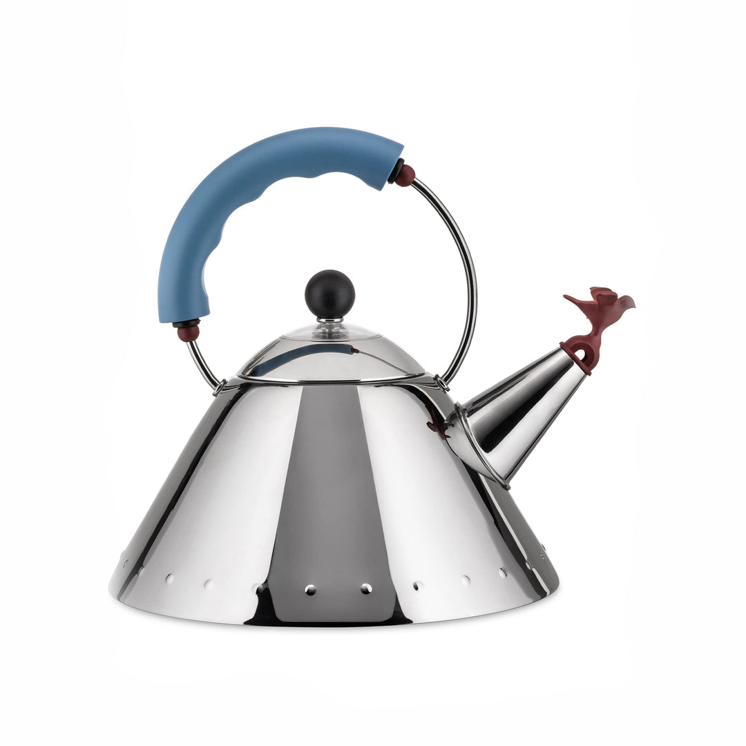 Alessi Wasserkessel aus Edelstahl mit Griff und vogelförmiger Flöte aus PA, hellblau, 4.4 x 25 x 4.4