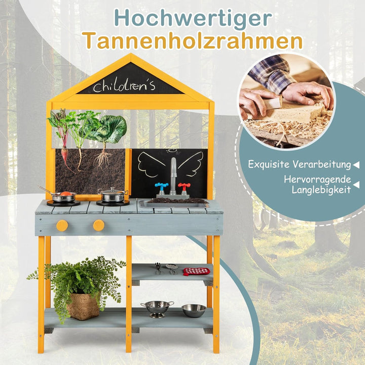 COSTWAY Matschküche Kinder Outdoor, Kinderküche Tannenholz mit Pflanzbehälter & 2 Kreidetafeln & Was