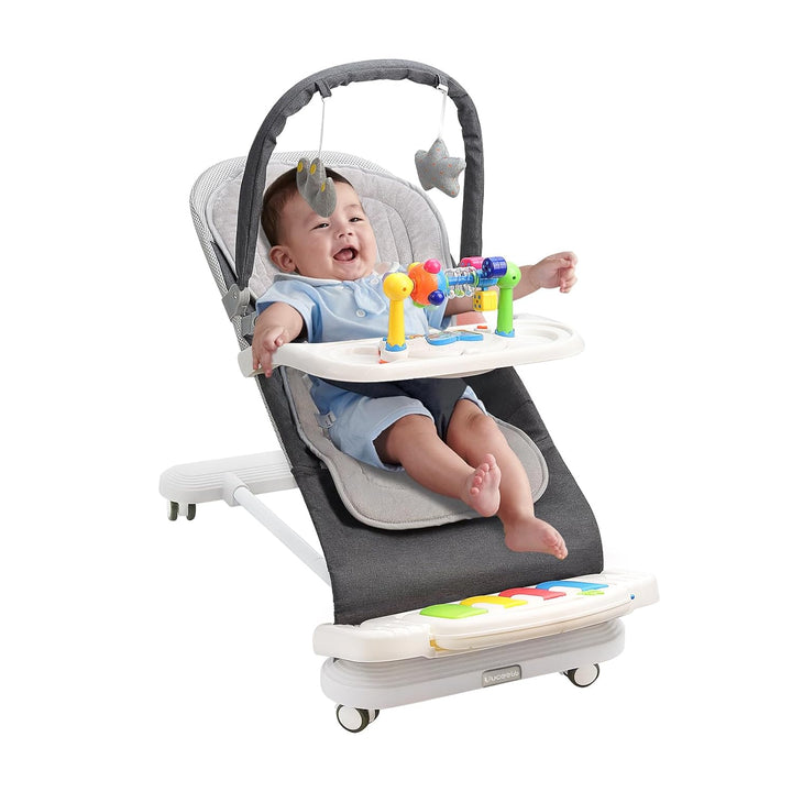 Babywippe mit Abnehmbarer Spielbogen, Baby Bouncer mit Klavierspielzeuge, Fütterungstablett, Verdick