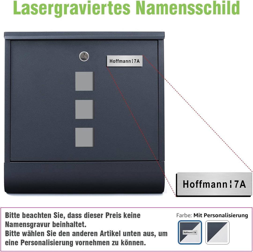 Zedelmaier XXL Personalisiert Briefkasten mit Edelstahl Namensschild 35 x 35 cm mit 4 Schlüsseln für