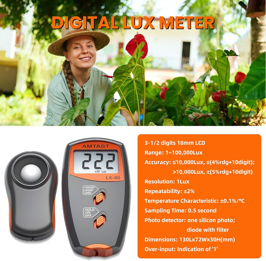 Digitale Luxmeter Lichtmessung Beleuchtungsmessgerät LX-90 Lichtmesser mit LCD-Display, Bereich 0-10