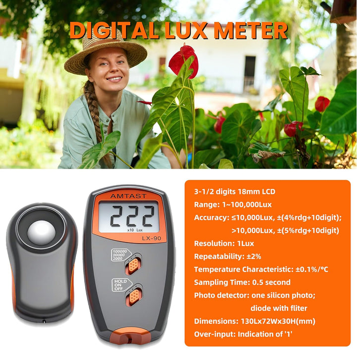 Digitale Luxmeter Lichtmessung Beleuchtungsmessgerät LX-90 Lichtmesser mit LCD-Display, Bereich 0-10
