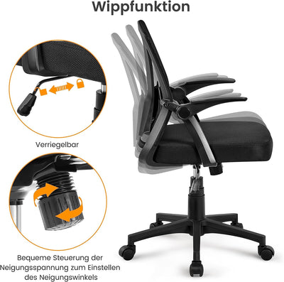 Yaheetech Bürostuhl ergonomisch, Schreibtischstuhl aus Mesh mit Hochklappbaren Armlehnen, Drehstuhl