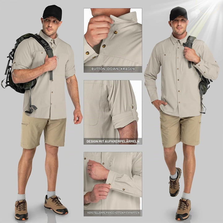 33,000ft Safari Hemd Herren Langarm Sportshemd UPF50+ UV Schutz Funktionshemd Atmungsaktiv Button-Do