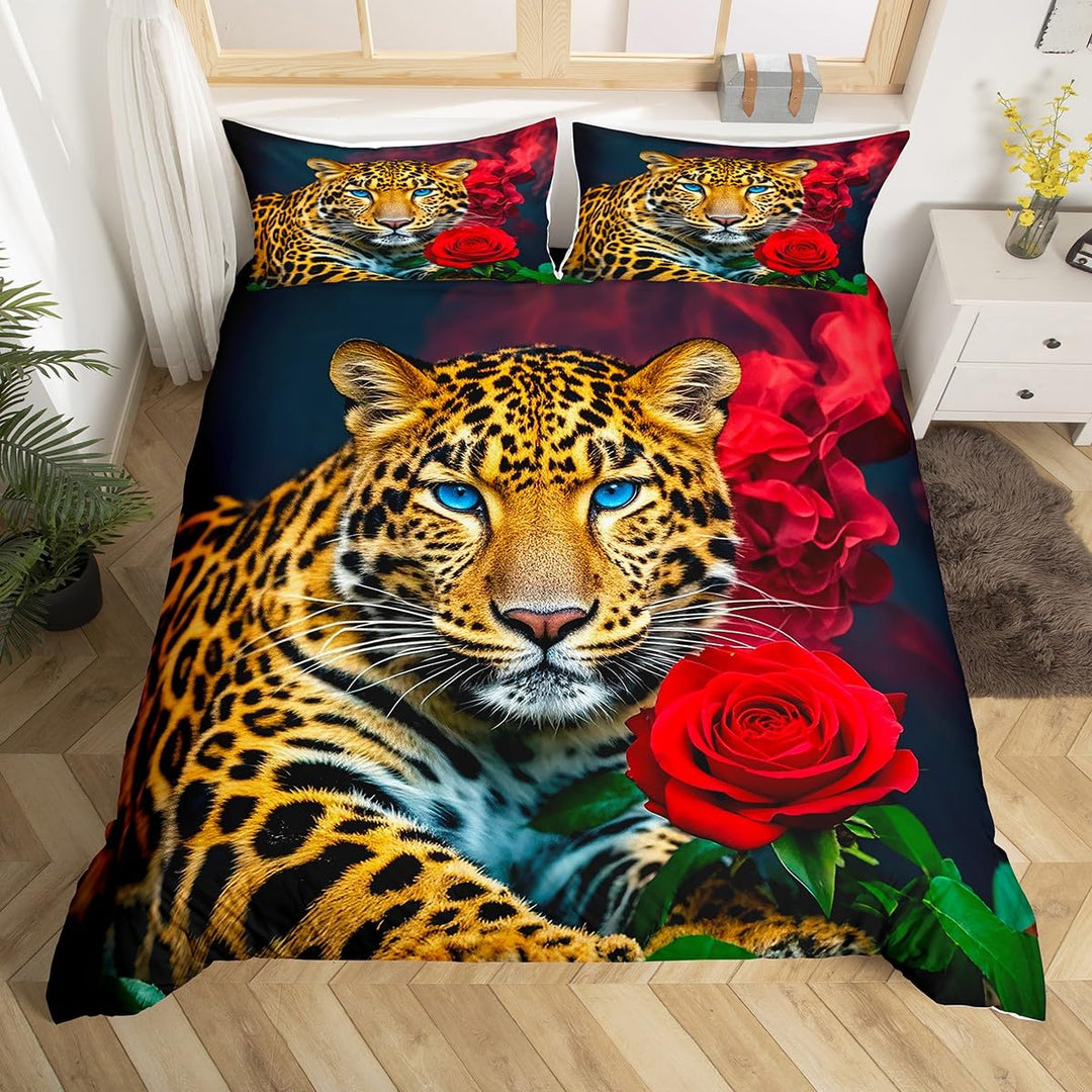 Homewish Leopard Bettbezug, Cheetah Bettwäscheset Rose Blume Trösterbezug 135x200, Für Kinder Jungen