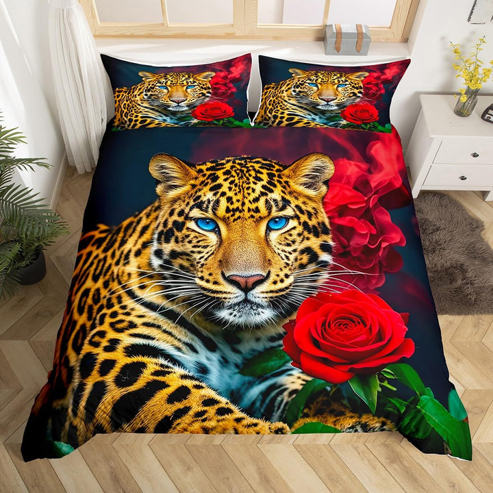 Homewish Leopard Bettbezug, Cheetah Bettwäscheset Rose Blume Trösterbezug 135x200, Für Kinder Jungen