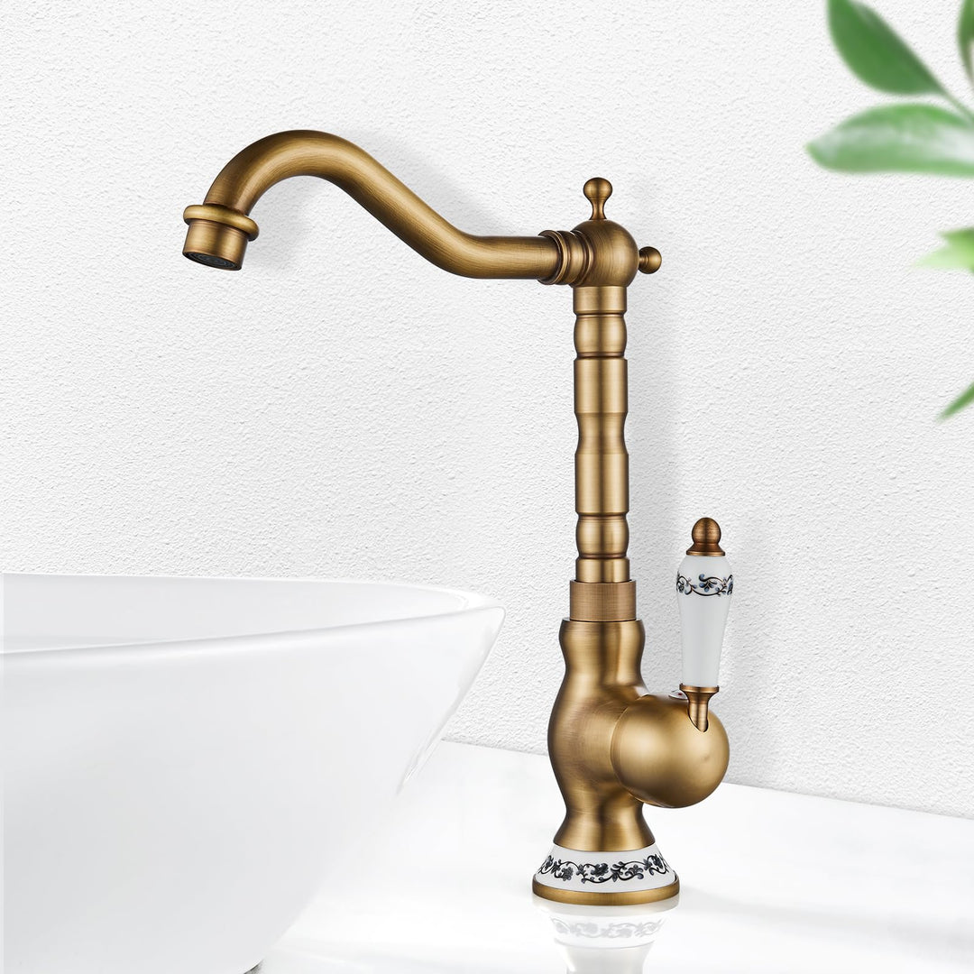 ROWINNAO Wasserhahn Bad Hoch Antikes Messing, Retro Waschtischarmatur 360° Drehbarer, Einhebel Misch