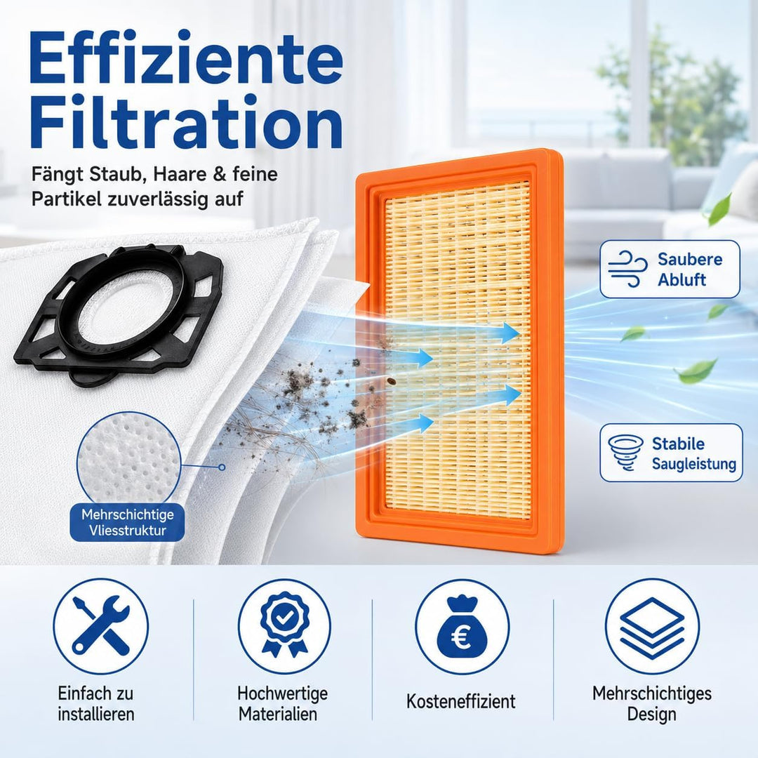 10 Stück Staubsaugerbeutel + 2 Stück Filter Ersatzset Kompatibel mit Kärcher WD4 WD5 WD6 WD5P WD6P M