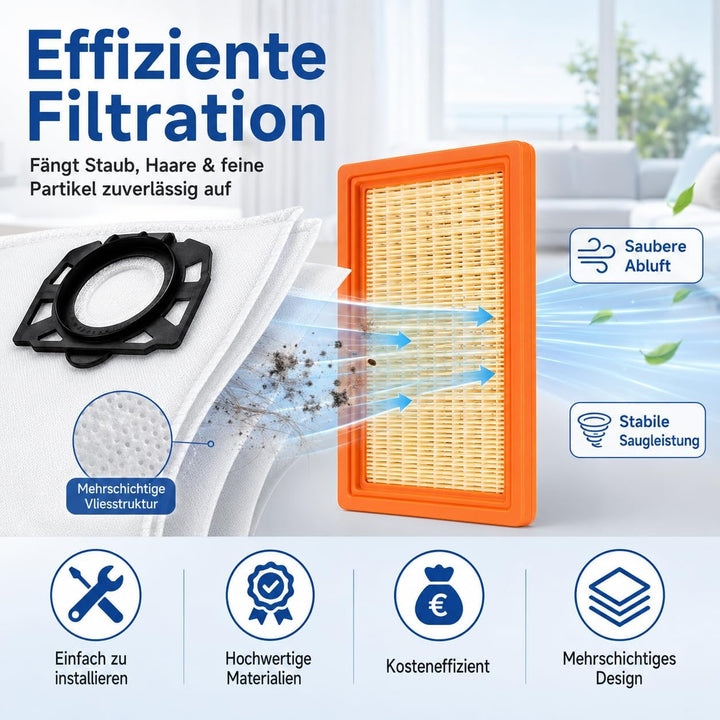 10 Stück Staubsaugerbeutel + 2 Stück Filter Ersatzset Kompatibel mit Kärcher WD4 WD5 WD6 WD5P WD6P M