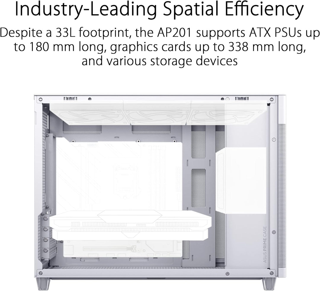 ASUS Prime AP201 Tempered Glass MicroATX Gehäuse weiss (33 Liter, unterstützt 360-mm-Kühler, Grafikk