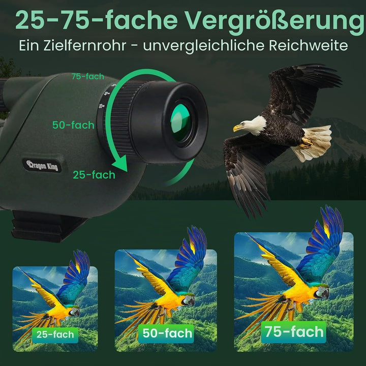 BIBIRE Spektiv mit Stativ und Smartphone-Adapter, 25-75x60 HD-Spektiv mit Tragetasche für Zielschies