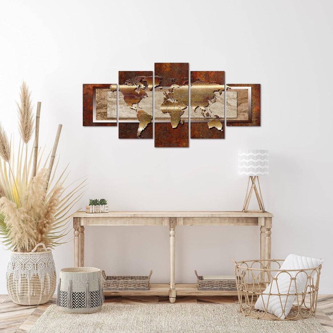Runa Art Wandbilder Weltkarte 5 Teilig Bild auf Vlies Leinwand Deko Büro Wohnzimmer Abstrakt metall