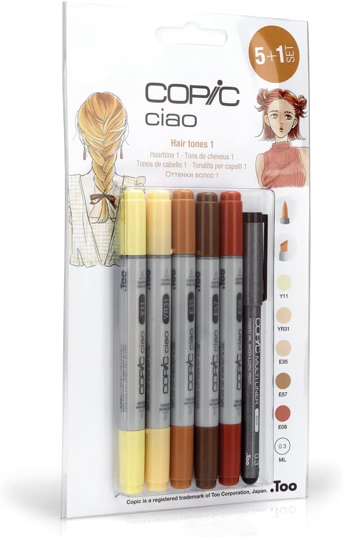 COPIC Ciao Marker Set 5+1 Hair Tones 1, Blisterpackung mit 5 Markern + 1 Multiliner 0,3 mm, für Skiz