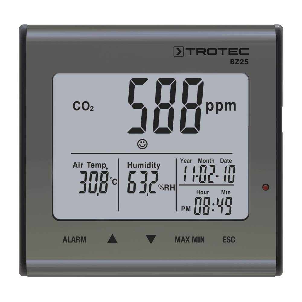 TROTEC CO2 Messgerät BZ25 – Luftqualitätsmonitor – Messbereich 0 bis 9.999 PPM, Abweichungen +-75ppm