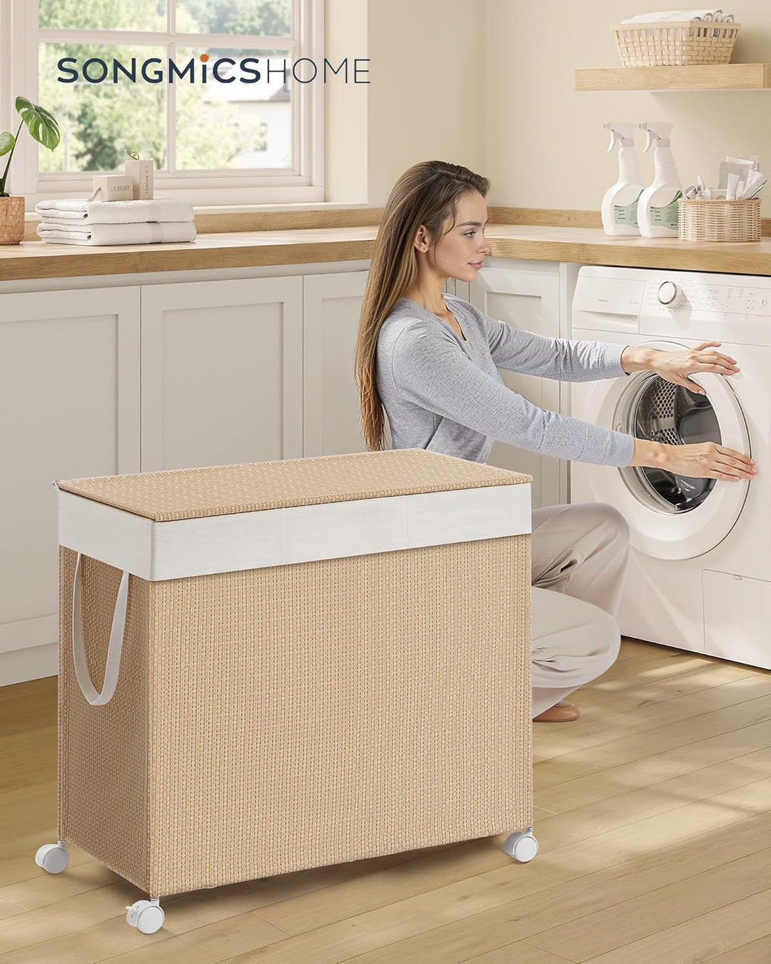SONGMICS HOME Wäschekorb 3 Fächer, Wäschesammler 140 L, Wäschesortierer auf Rollen, mit Deckel, Wäsc