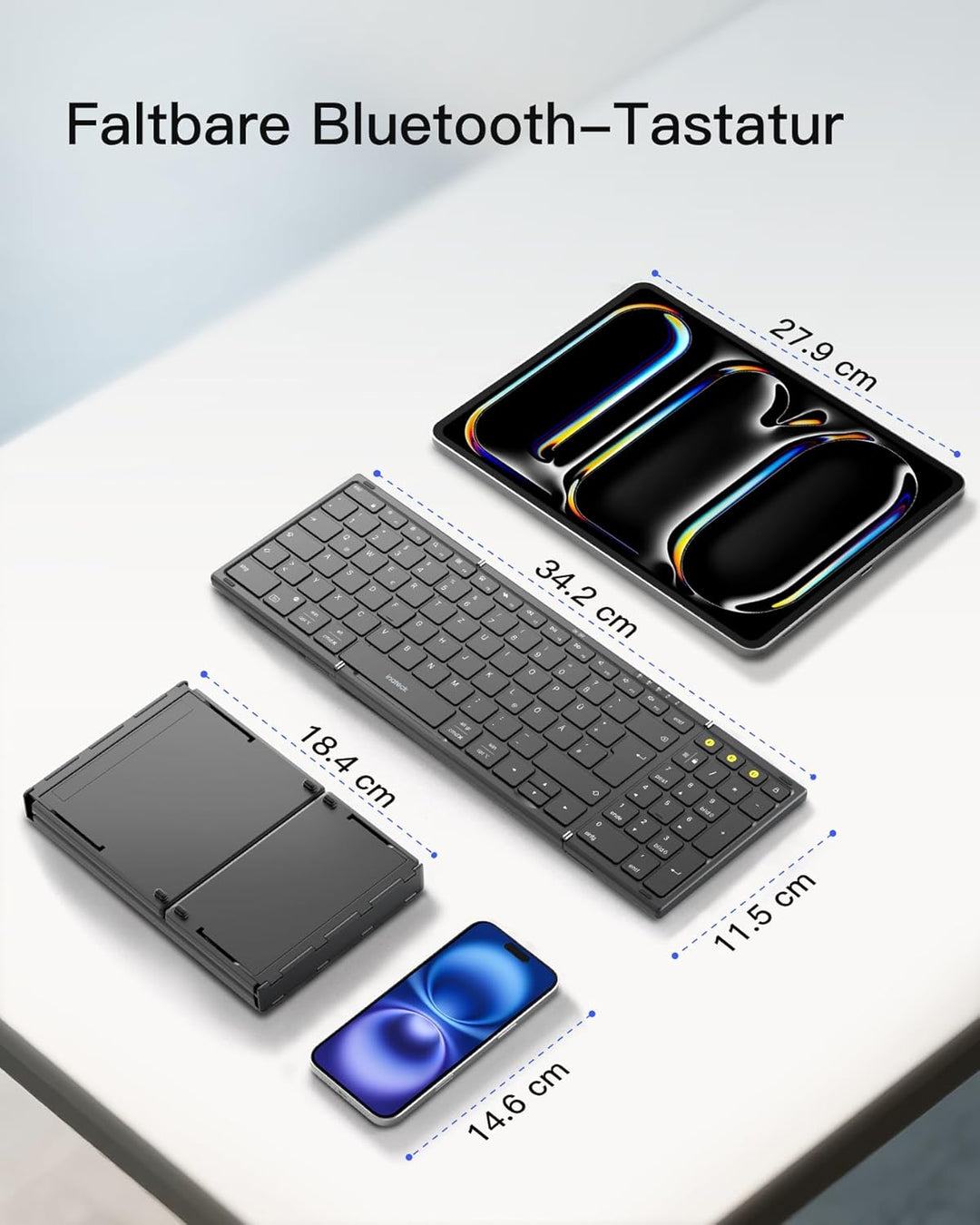 Inateck Faltbare Tastatur Kabellos,Klappbare Tastatur mit Ziffernblock mit 3 Kanälen,AI-Key,mit Stän