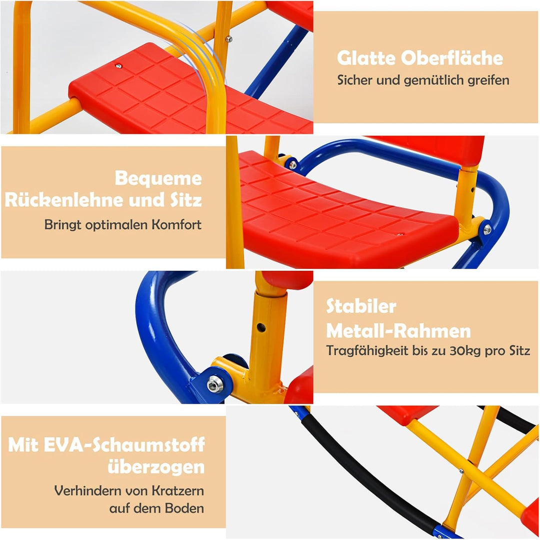 DREAMADE 3 Sitzer Kinder Wippe mit Rückenlehnen und Griffe, Schaukelwippe Metall 136x60x39cm, Karuss