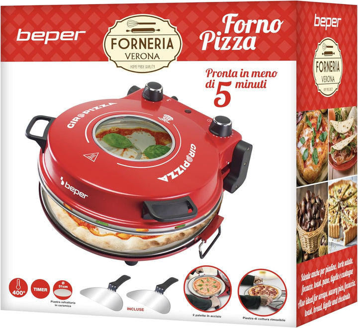 BEPER P101CUD301 Elektrischer Pizzaofen, 1200W, Temperatur 400°C, 31 cm Backplatte, Pizzaofen mit he