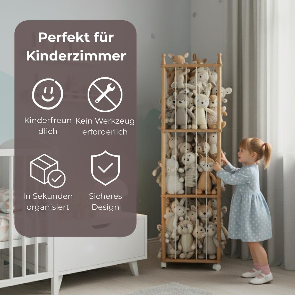 Holz-Stofftier-Aufbewahrungsständer mit Rädern, Hoher Spielzeugorganizer für Kinderzimmer, mit wasse