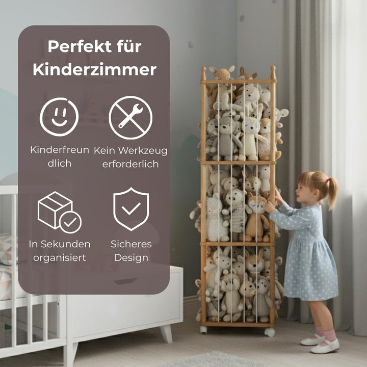 Holz-Stofftier-Aufbewahrungsständer mit Rädern, Hoher Spielzeugorganizer für Kinderzimmer, mit wasse