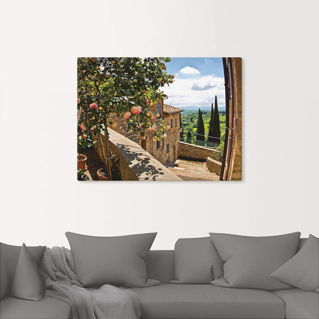 Artland Leinwandbild Wandbild Bild auf Leinwand 60x45 cm Wanddeko Fensterblick Toskana Landschaft Ga