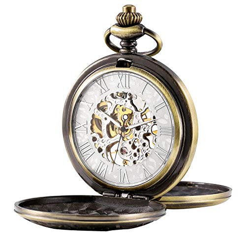 TREEWETO Unisex Taschenuhr mit Kette Mechanische Handaufzug Doppelscharnier Antik Skelett Römische Z
