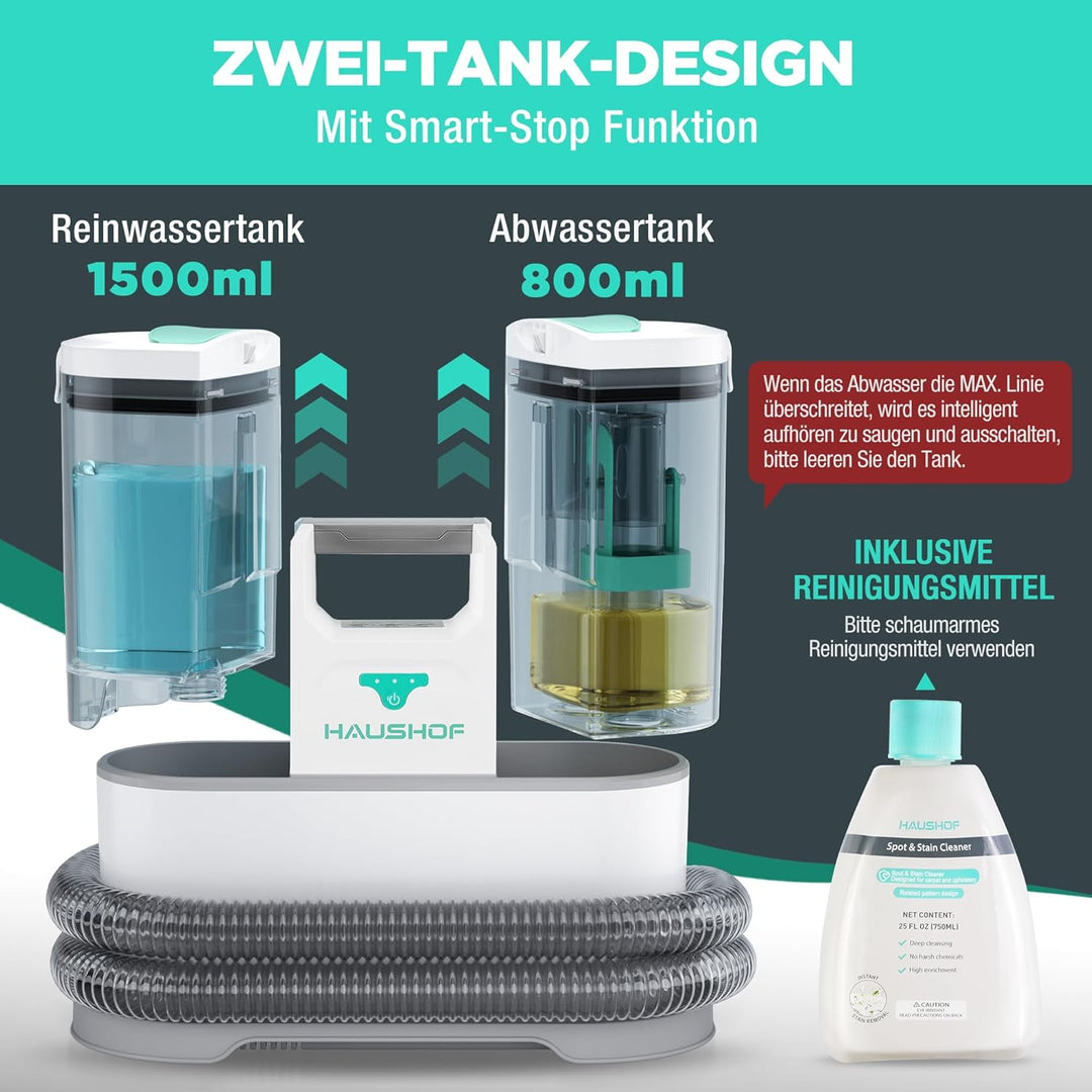 HAUSHOF StainZapper Air, Akku Waschsauger für Auto 12kPa, 24V Kabelloser Fleckenreiniger Teppichrein