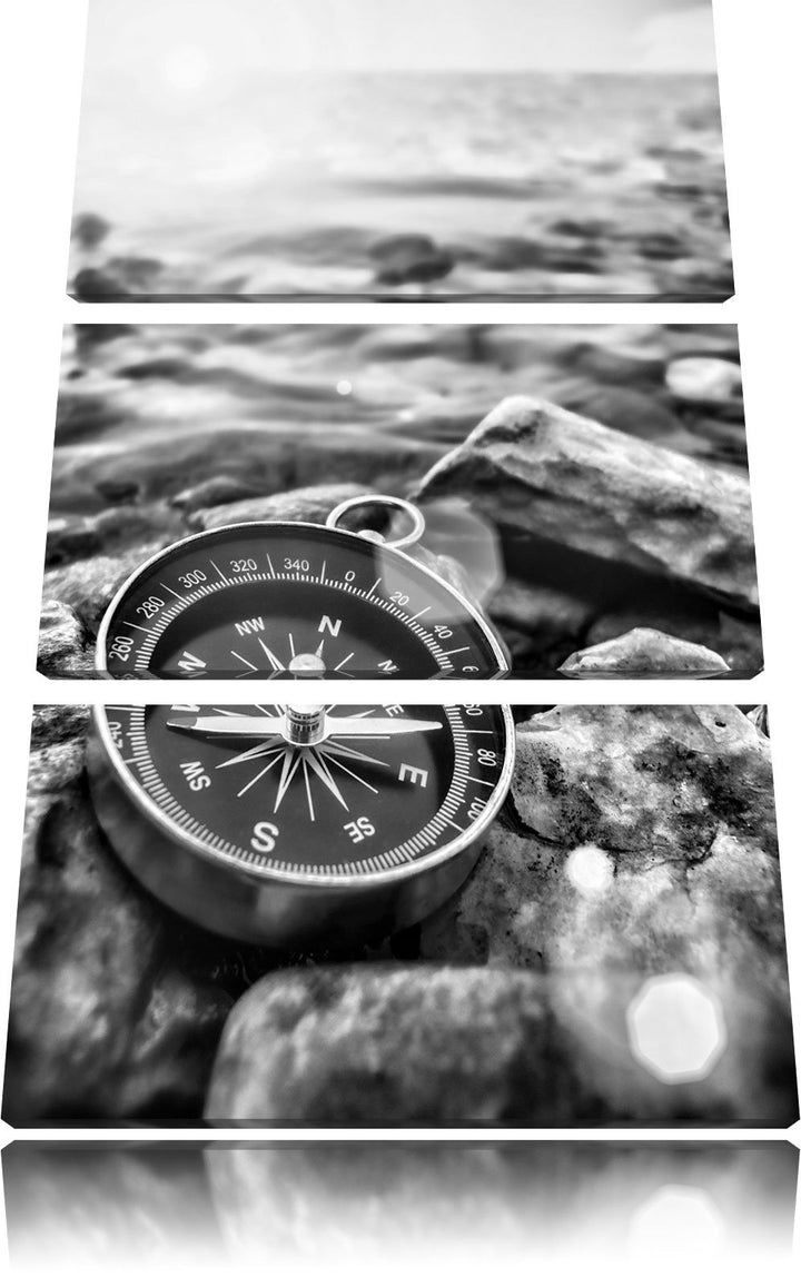 Pixxprint Kompass auf Steinen Reiselust als Leinwandbild/Grösse: 3 Teilig (120x80 cm) cm/Wandbild/Ku