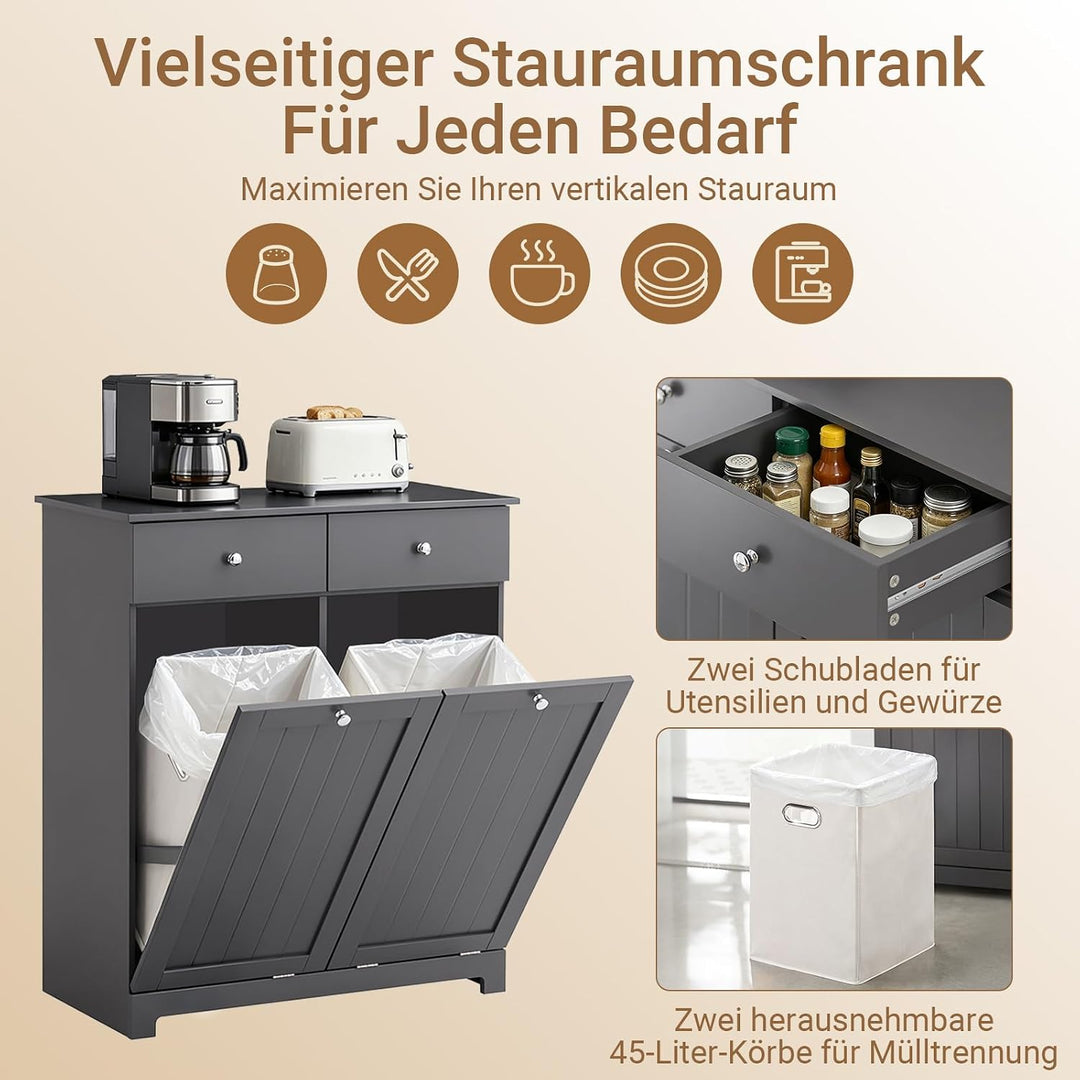 SoBuy Mülleimer Schrank mit 2 Fächern à 45L Mülltrennsystem Grau für Küche | Küchenschrank aus E1 MD