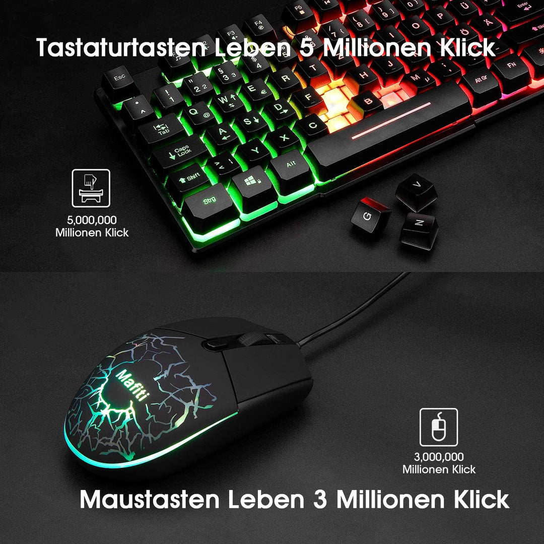 Mafiti Tastatur und Maus Set, Kabelgebundenes, LED Hintergrundbeleuchtung QWERTZ (DE-Layout), Regenb