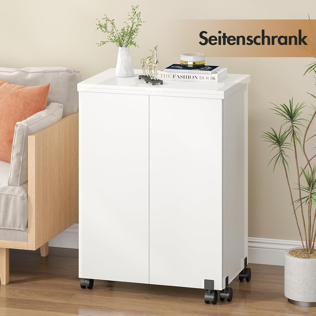 Nähtisch Klappbar, 2-in-1 Nähmaschinentisch, Nähmaschinenschrank mit Offenen Ablagefächern und Rolle