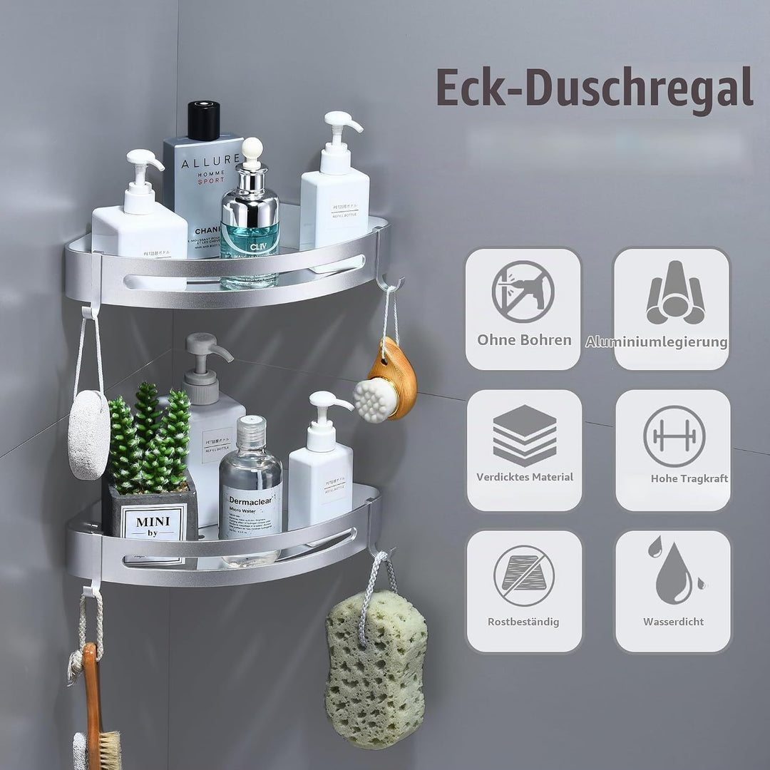 Duschregal Ecke, Duschablage Ohne Bohren Metall Eckregal Bad mit 4 Haken Badezimmer Regal für Shampo