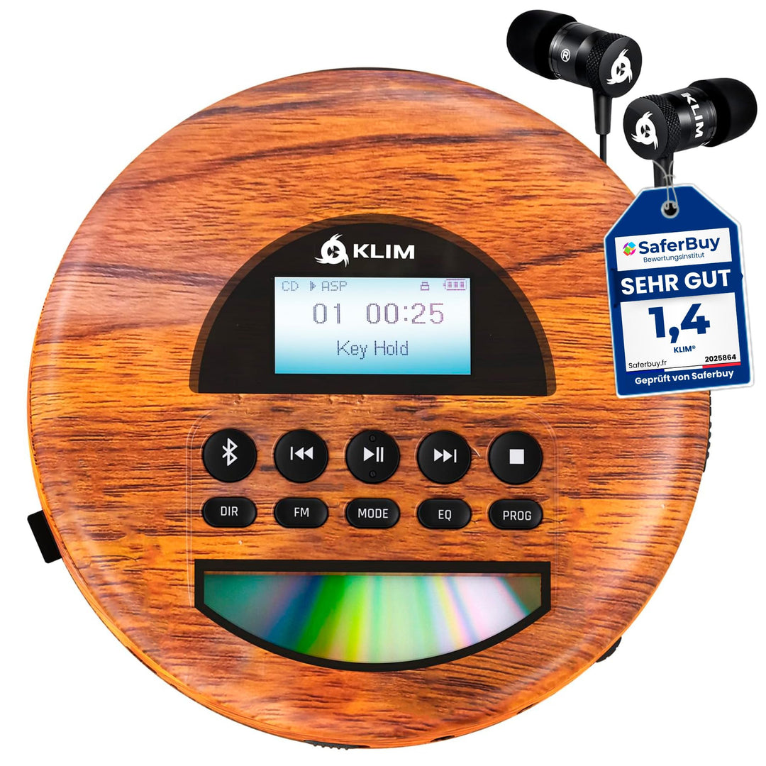 KLIM Nomad Wood - NEU 2023 - Tragbarer CD-Player Discman - langlebigem Akku - Inklusive KLIM Fusion