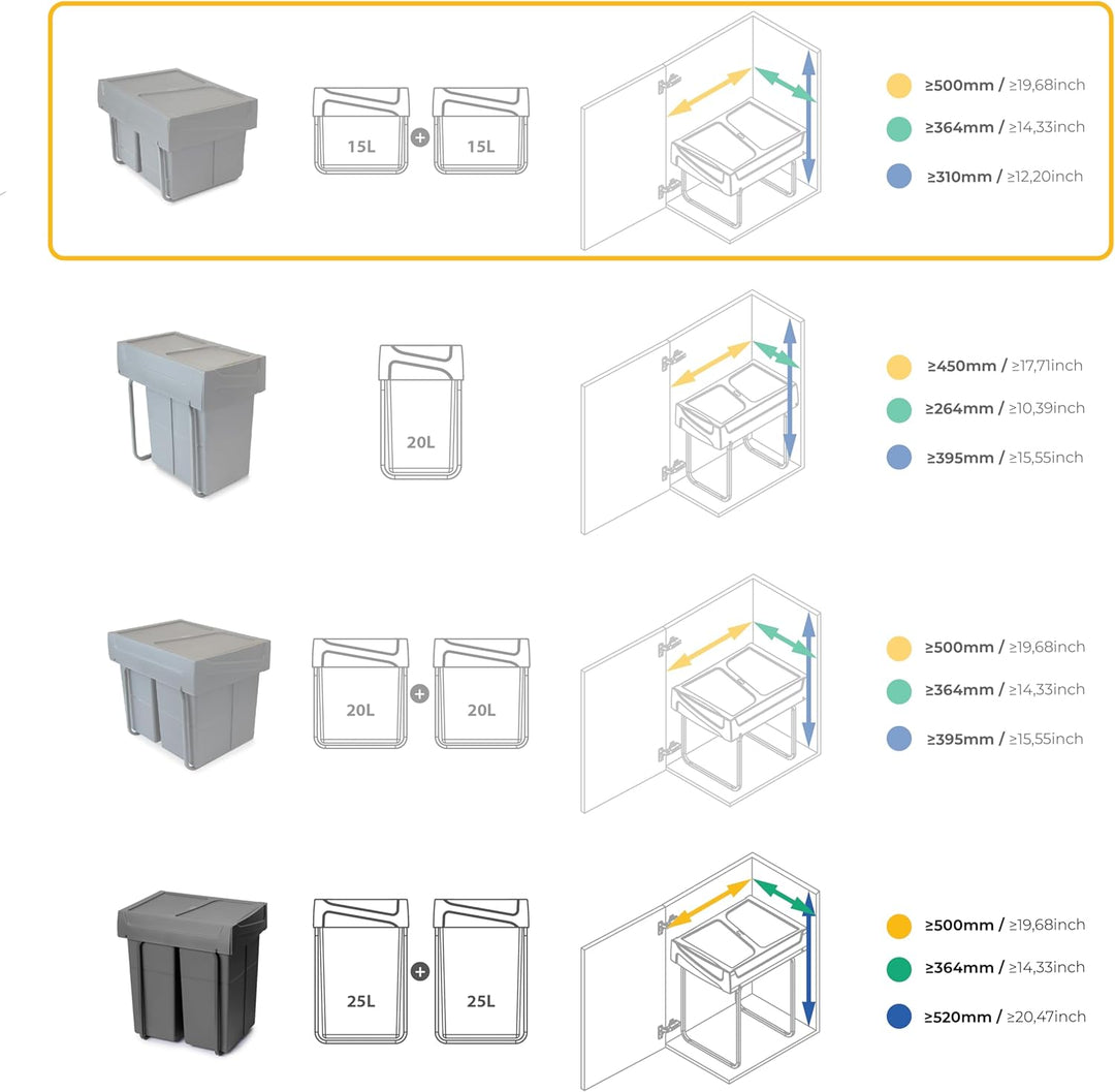 Emuca - Küchenabfalleimer mit unterseitiger Befestigung, 2 ausziehbarer 15 L Recycle-Mülleimer, Gesa