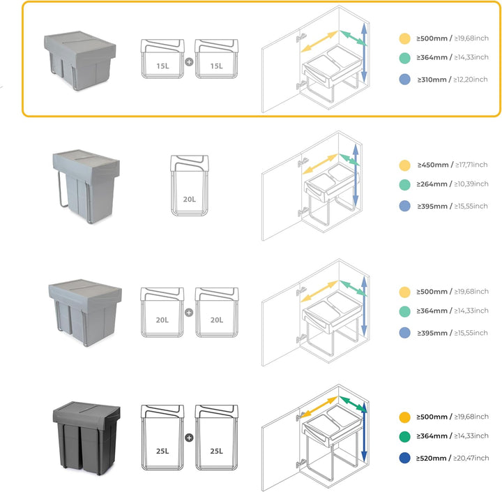 Emuca - Küchenabfalleimer mit unterseitiger Befestigung, 2 ausziehbarer 15 L Recycle-Mülleimer, Gesa