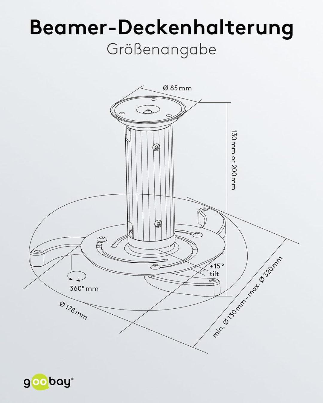 Goobay 51905 Beamer Deckenhalterung (M) bis max. 10 Kg, kleine bis mittlere Projektoren, silber, sil