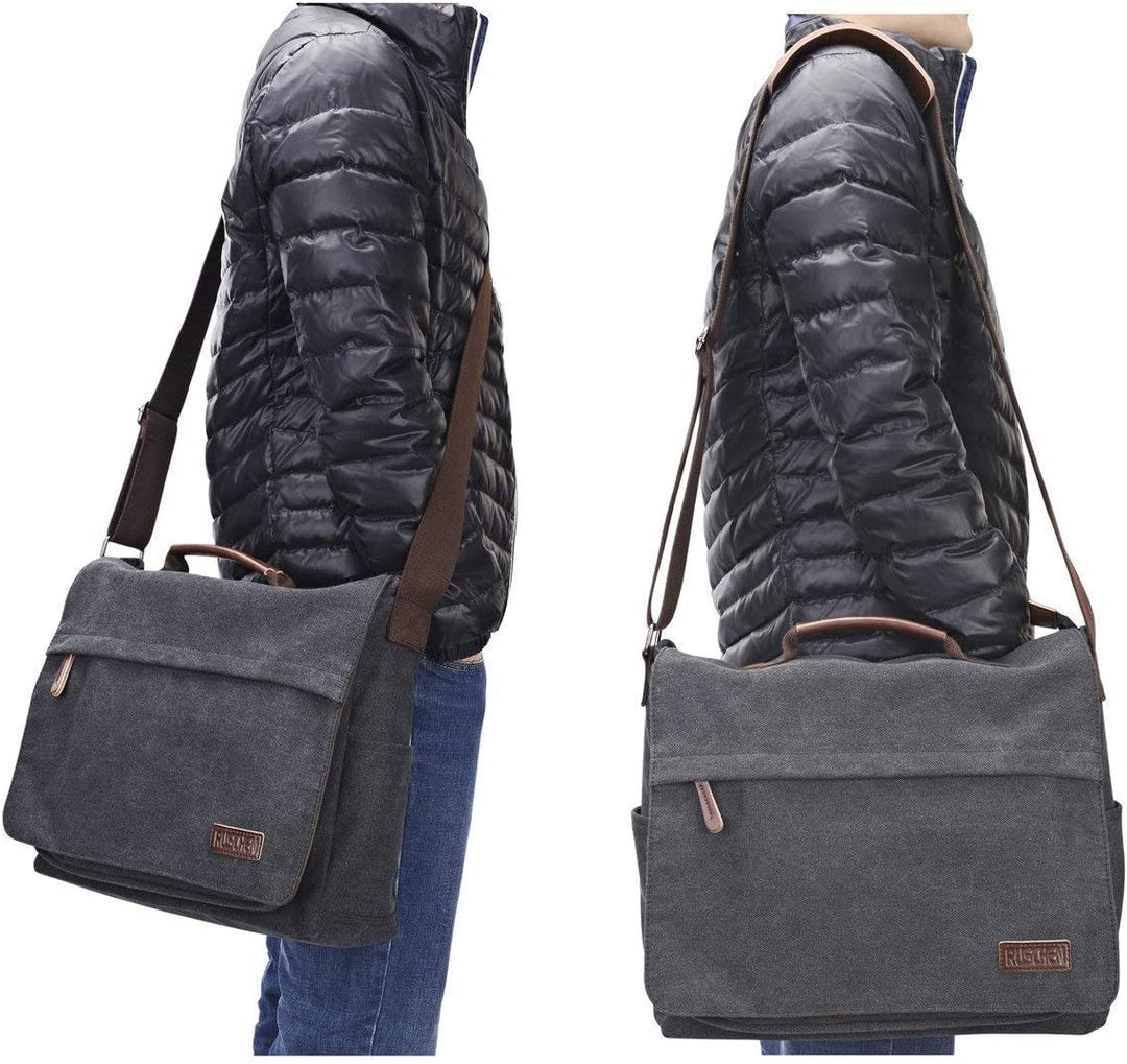 Ruschen Umhängetasche Herren aus Vintagem Segeltuch, Premium Herrentasche, Laptoptasche für 15,6 Zol