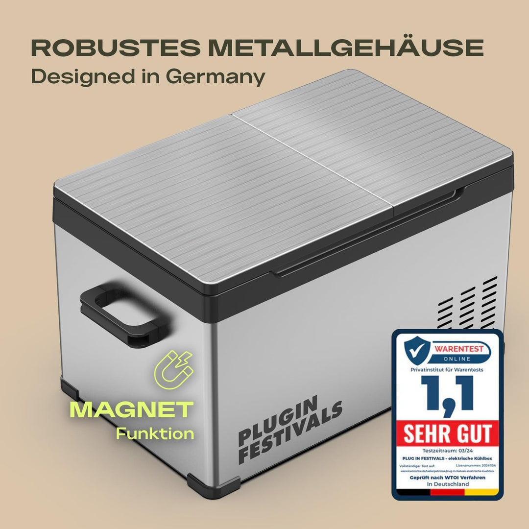 PLUG IN FESTIVALS elektrische Kühlbox - 2 Fächer Kompressor Kühlbox 12v 230v - bis -20 Grad & App-St