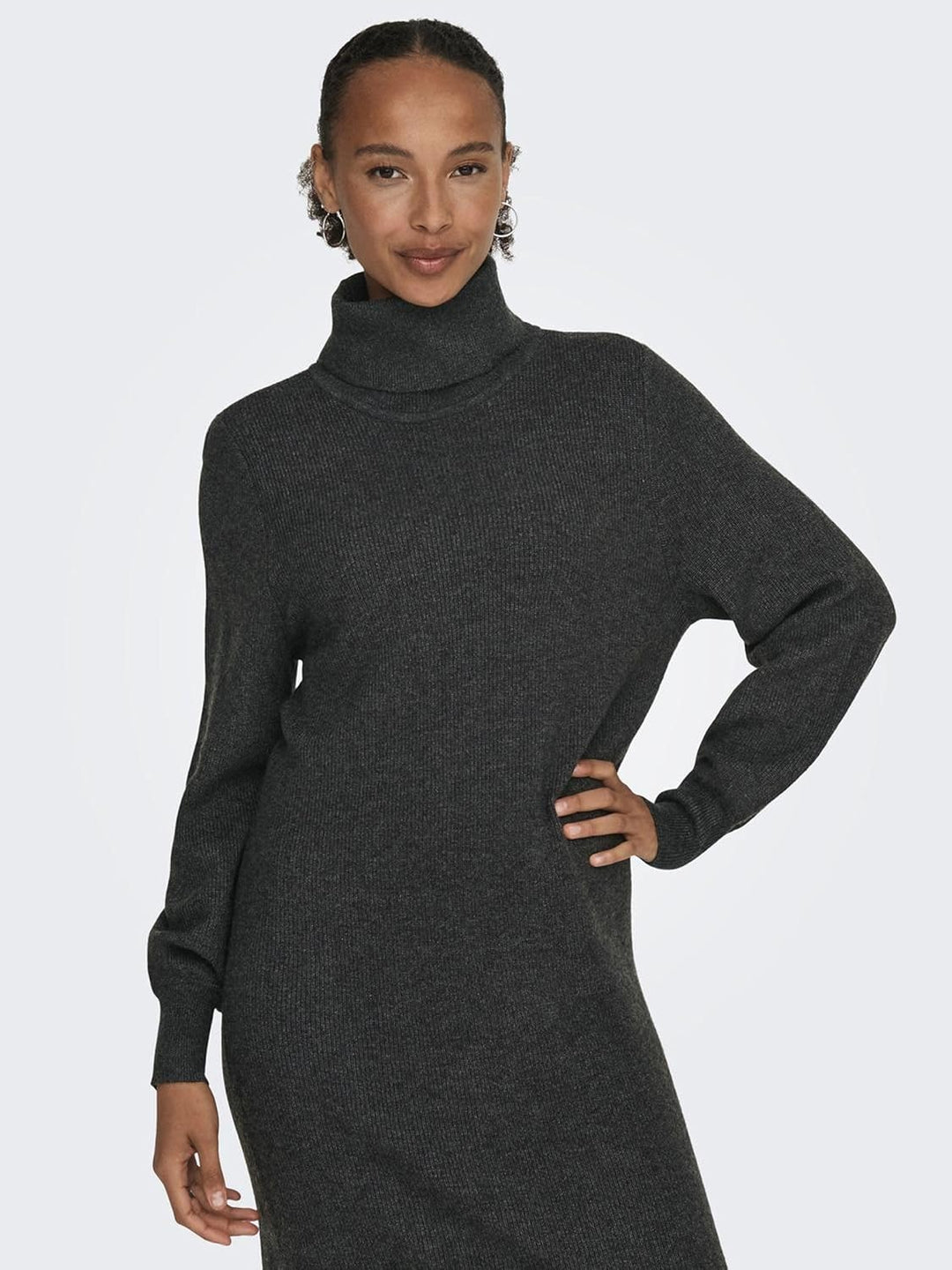 ONLY Female Strickkleid Komfort Fit Rollkragen Langes Kleid M Dark Grey Melange, M Dark Grey Melange