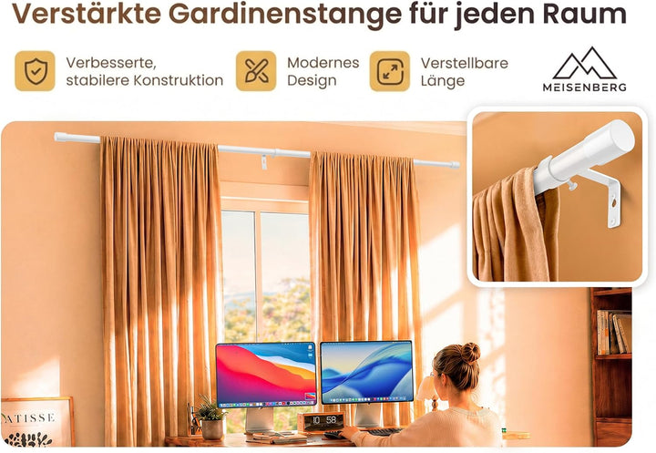 MEISENBERG Gardinenstange Ausziehbar Weiss, Wandmontage Set mit Halterungen Weiss 82-112 cm, Weiss 8
