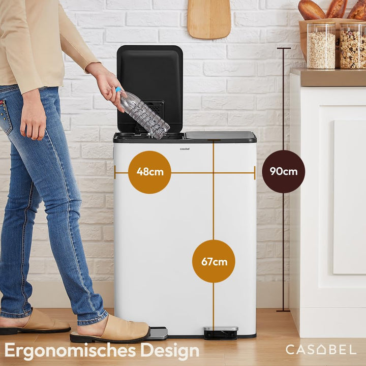 CASABEL Recycling-Mülleimer 60L - 2 x 30 Liter, Doppelfächer 2x30L, weisser Edelstahl, rechteckiger