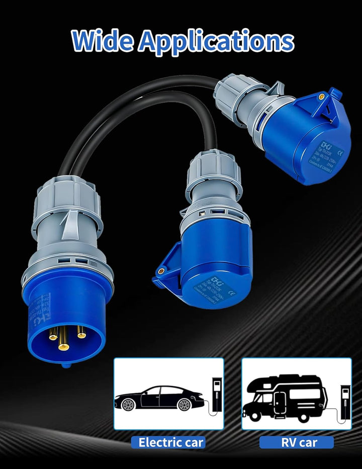 32A auf 16A Adapter, 2-Wege-Anschluss, 2 x 16A Steckdosen IP44 Schutz CEE Adapter für Wohnwagen, Woh