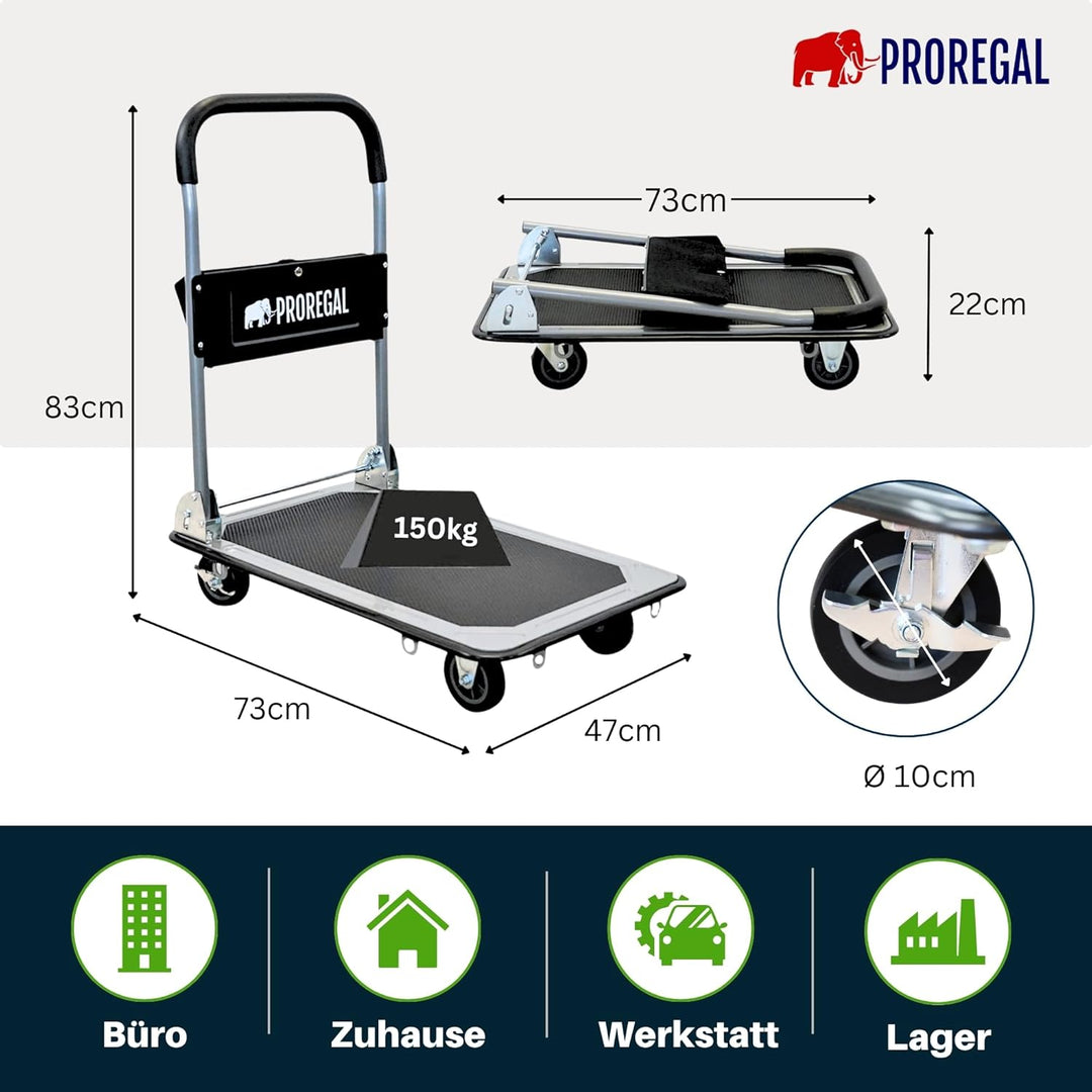 PROREGAL Profi-Plattformwagen Transportwagen Rhino 150kg klappbar mit Gummiräder, 360° Lenkrollen &