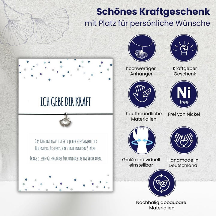 Glücksschmiedin – Grusskarte „Kraft“ mit Wunscharmband & Ginkgo-Anhänger – Mutmacher Geschenk mit Be